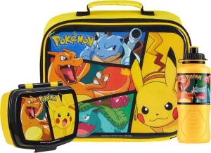 Pokemon Kids Insulated Lunch Bag, Lunch Box and Water Bottle, 3 Piece Set (Yellow)