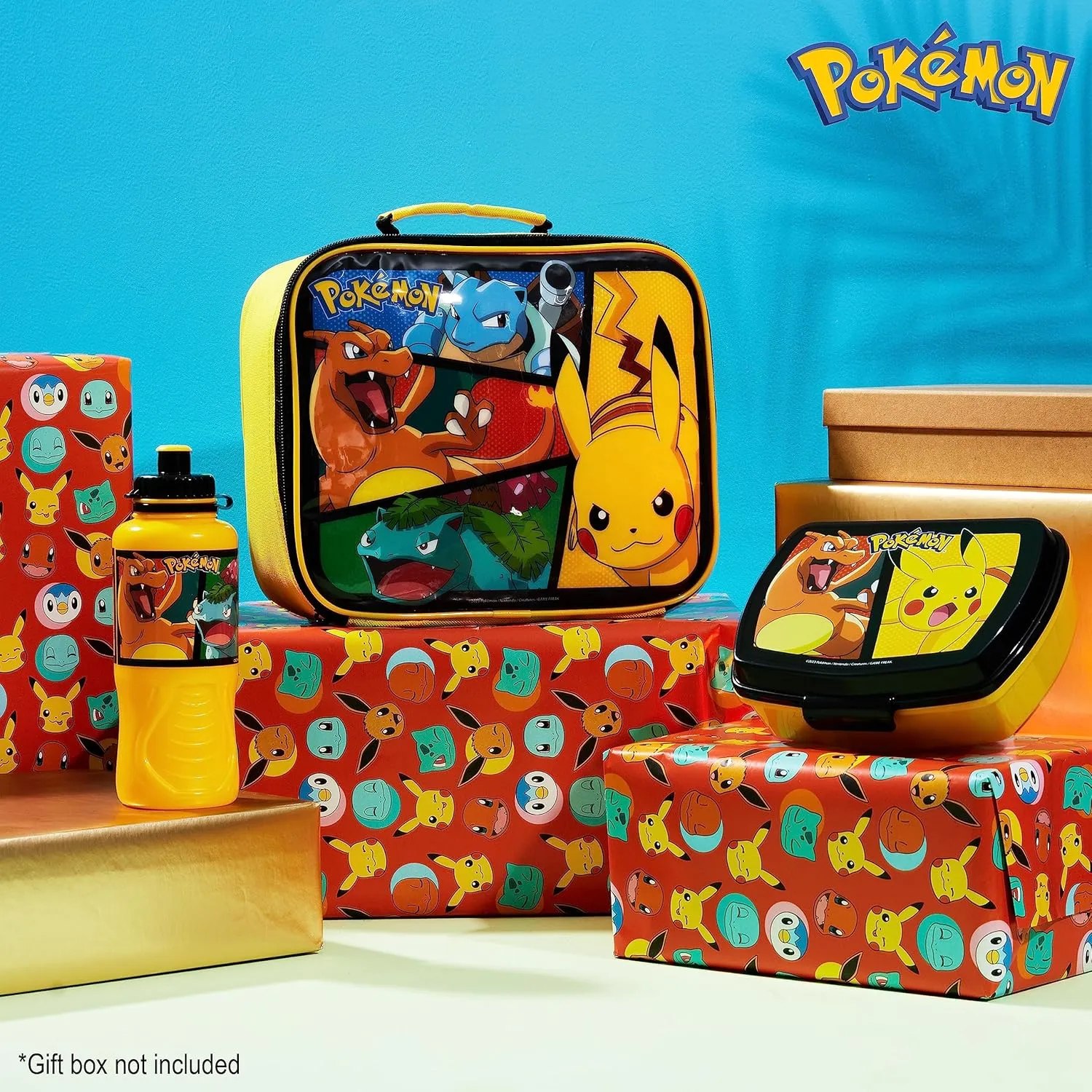 Pokemon Kids Insulated Lunch Bag, Lunch Box and Water Bottle, 3 Piece Set (Yellow)