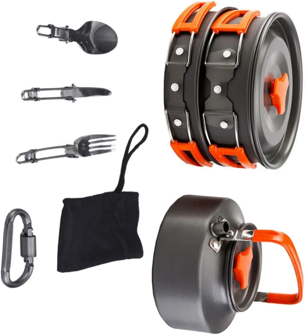POPETPOP Combination Cooking Set for Camping Portable Cooking Pan Camping Teapot Outdoor Accessories Orange