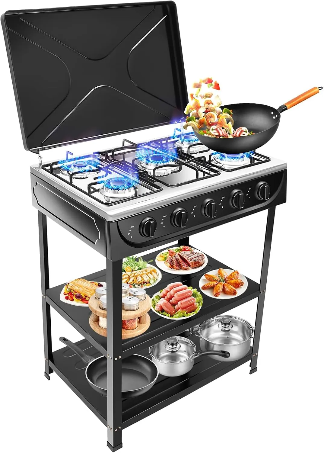 Portable 5-Burner Propane Gas Stove, 2-Tier Storage Rack Natural Gas Burner, 2.5KW High Power, Outdoor Camping Cooker for RV, Camping & Emergency Cooking (Black)