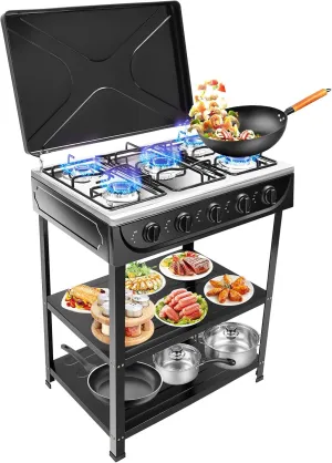 Portable 5-Burner Propane Gas Stove, 2-Tier Storage Rack Natural Gas Burner, 2.5KW High Power, Outdoor Camping Cooker for RV, Camping & Emergency Cooking (Black)