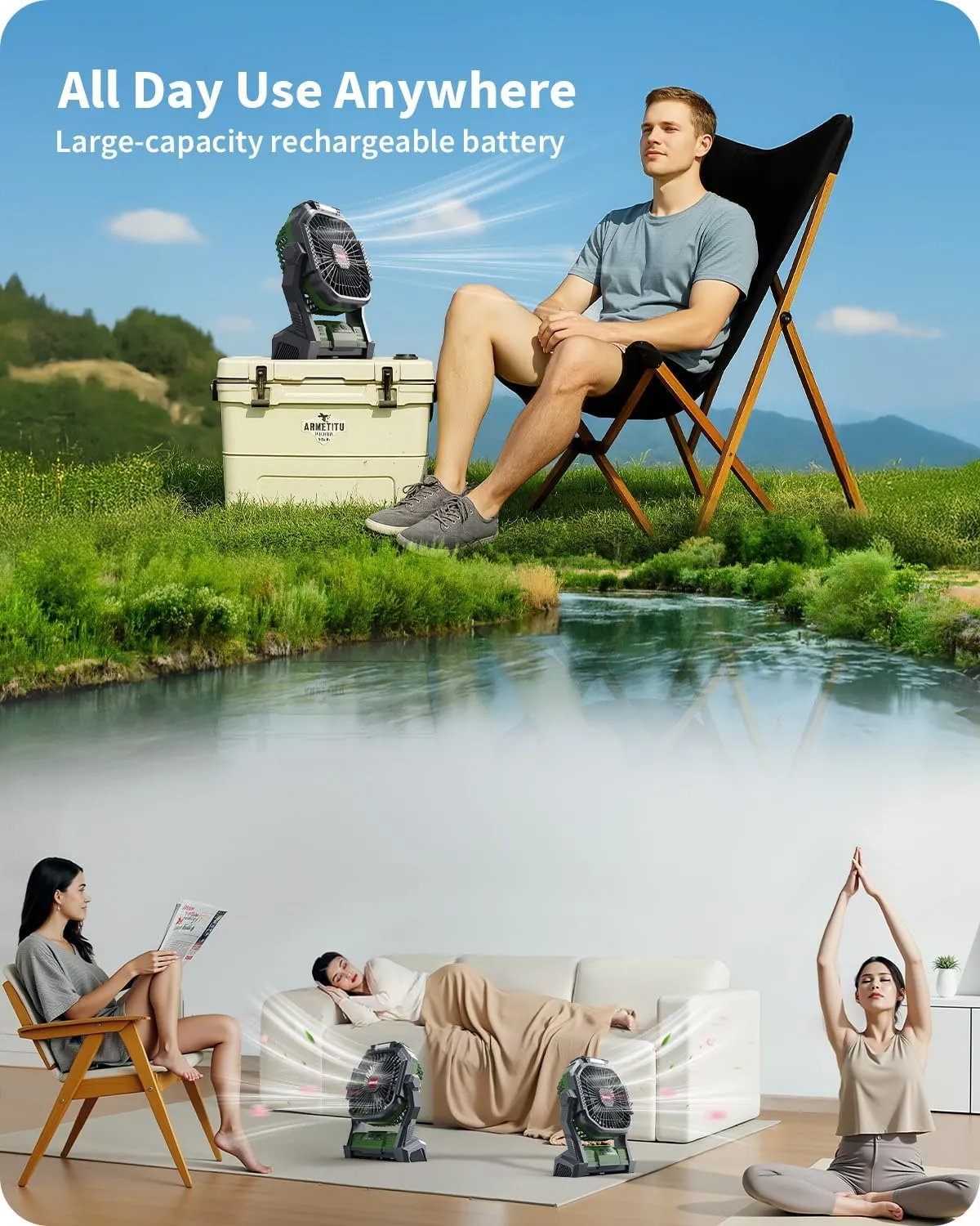 Portable Battery Operated Fan, 20000mAh Rechargeable Camping Fan with LED Lantern, Hang Hook, Camping Gear for Travel, BBQ, Fishing, Hurricane （Army Green）