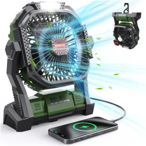 Portable Battery Operated Fan, 20000mAh Rechargeable Camping Fan with LED Lantern, Hang Hook, Camping Gear for Travel, BBQ, Fishing, Hurricane （Army Green）