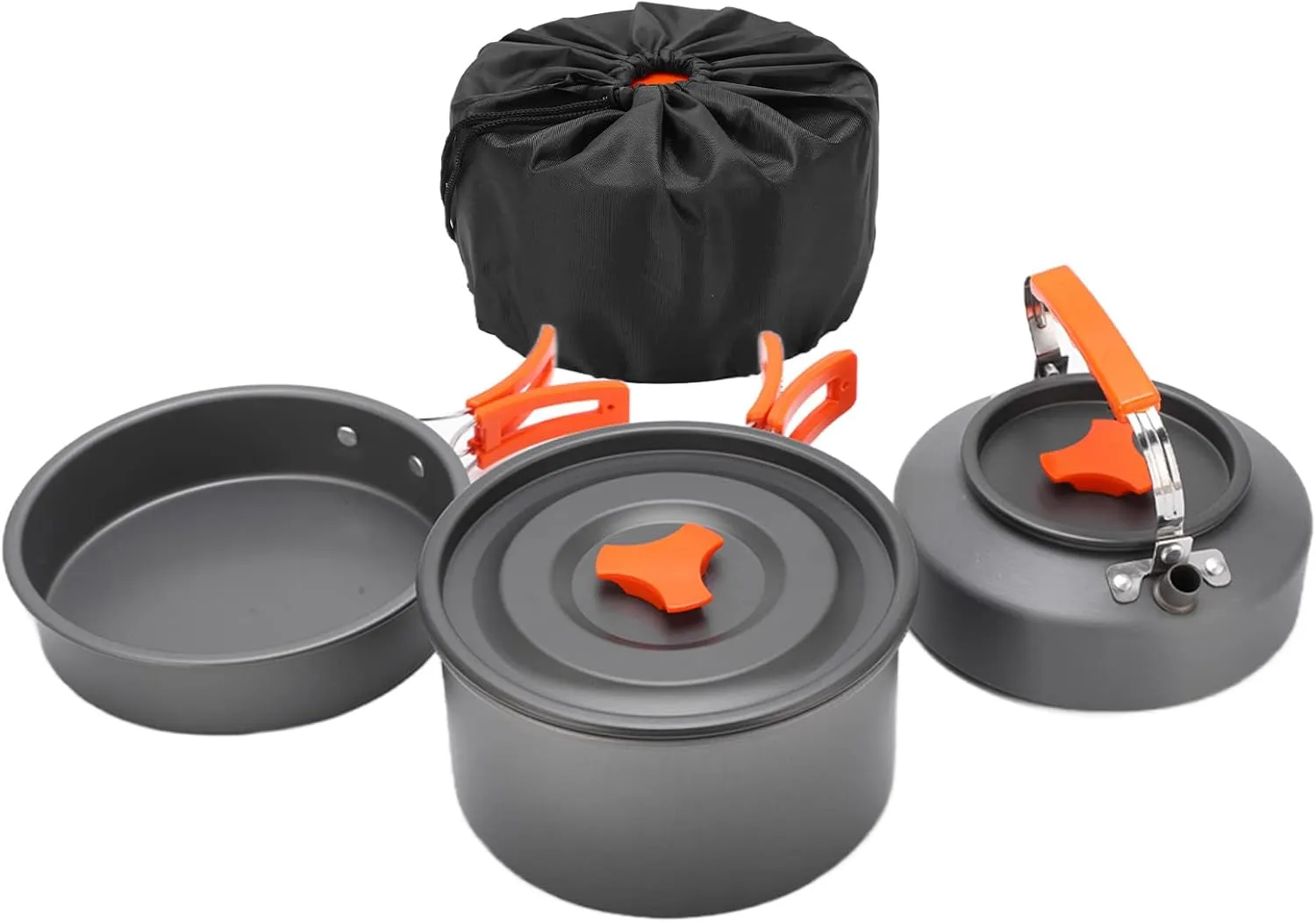 Portable Camping Cookware Set for 2 3 Persons, Foldable Pot with Tableware Combination, Non Stick Coating, Easy to Clean, Antislip Design, Orange Aluminum Alloy Material