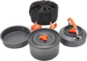 Portable Camping Cookware Set for 2 3 Persons, Foldable Pot with Tableware Combination, Non Stick Coating, Easy to Clean, Antislip Design, Orange Aluminum Alloy Material