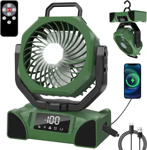 Portable Camping Fan Battery Operated Powered Fan with Remote Control & LED Lantern,20000mAh Battery Rechargeable,LED Digital Display,Oscillate,Timer,Rotation Hanging Hook for Tents Travel - Green