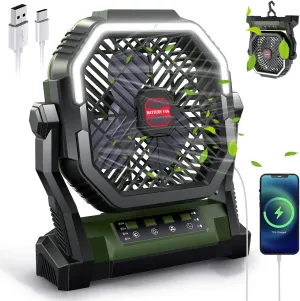 Portable Camping Fan，12000mAh 5 IN 1 Rechargeable Personal USB Small Desk Battery Powered fan with LED Lights/Power Bank/Timer/Hook Camping Essentials Accessories for Travel Tent Outdoor Fishing