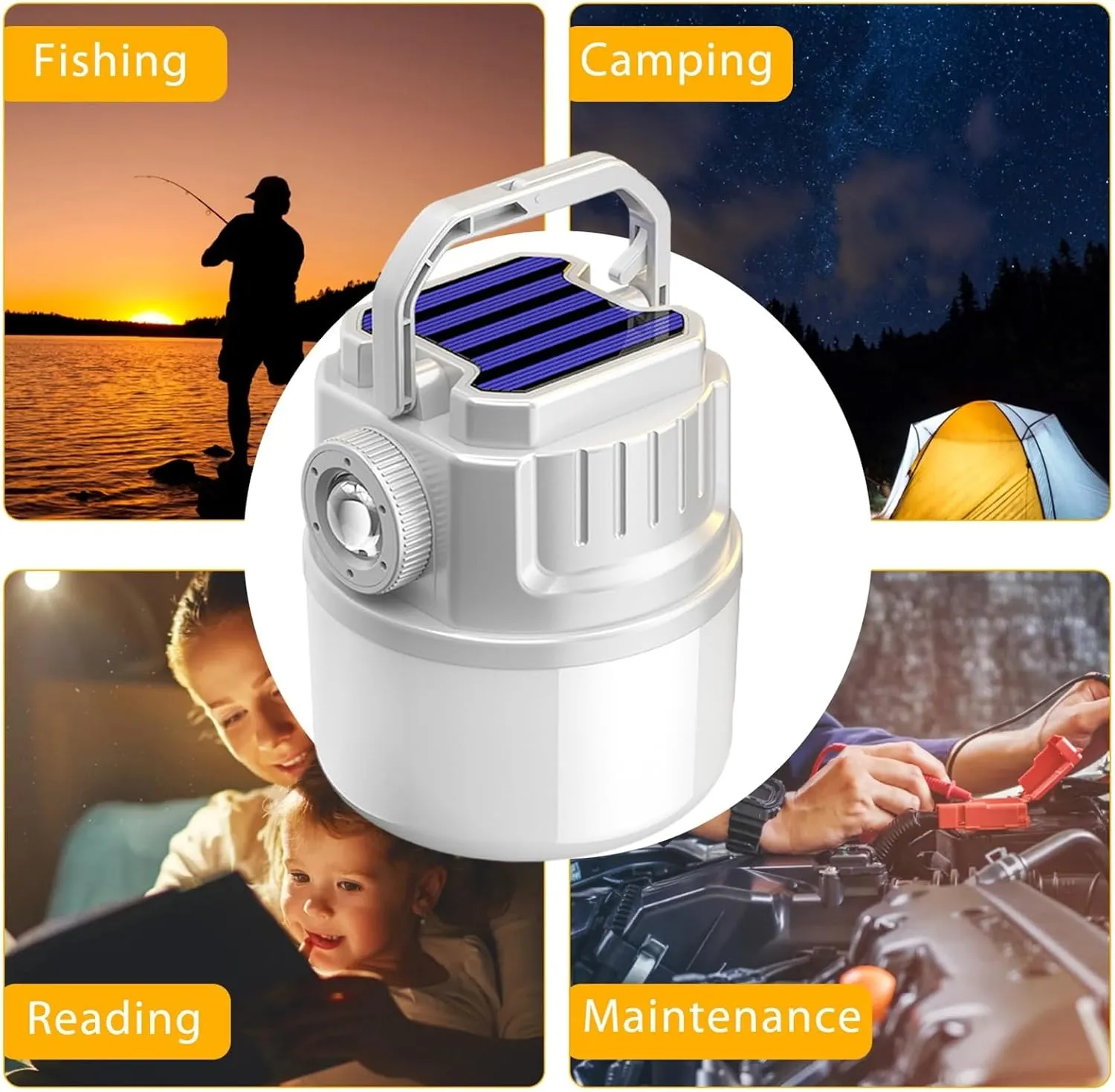 Portable Camping Lantern Lightweight Outdoor Lamp with Battery Indicator Compact 4 Adjustable Brightness Levels Rechargeable Waterproof Solar Powered White A