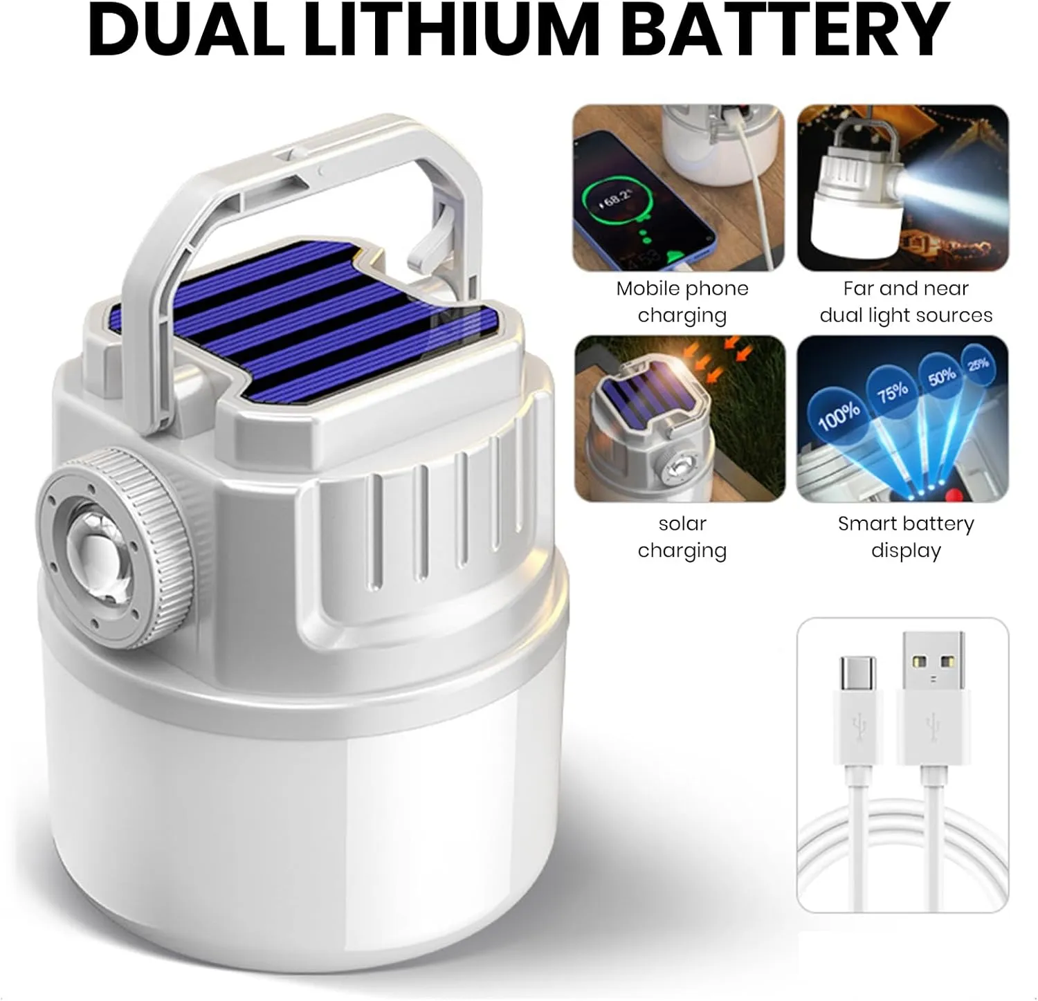 Portable Camping Lantern Lightweight Outdoor Lamp with Battery Indicator Compact 4 Adjustable Brightness Levels Rechargeable Waterproof Solar Powered White A