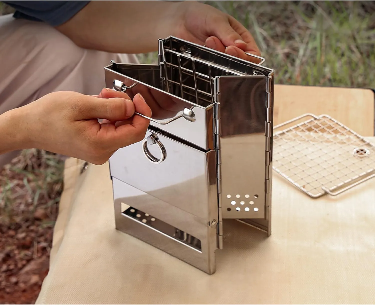 Portable Camping Stove & Grill - Foldable Alcohol/Charcoal/Twig Wood Campfire (Small)