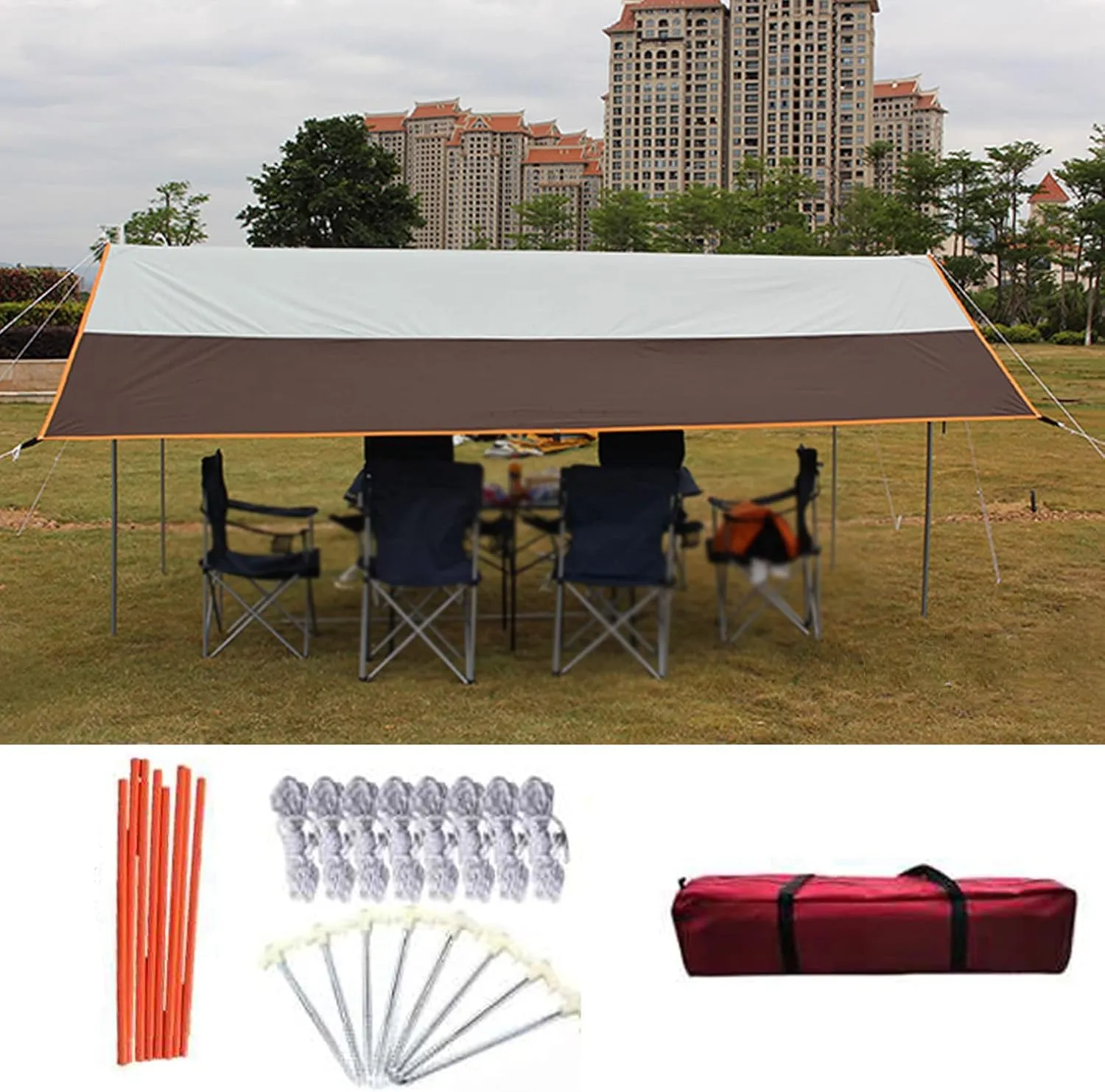 Portable Camping Tent Tarp Shelter,Hammock Tarpaulin Rain Fly,UV Protection Canopy Sunshade Cloth,for Outdoor Awning Hiking Beach,Includes Pegs,Ropes and Carry Bag (Yellow Green) (Brown White)