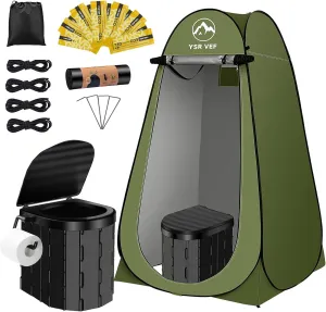 Portable Camping Toilet Kit with Pop-Up Privacy Tent, Washable Outdoor Shower and Changing Room, Includes Toilet Bags, Poo Gel, and Camping Lantern