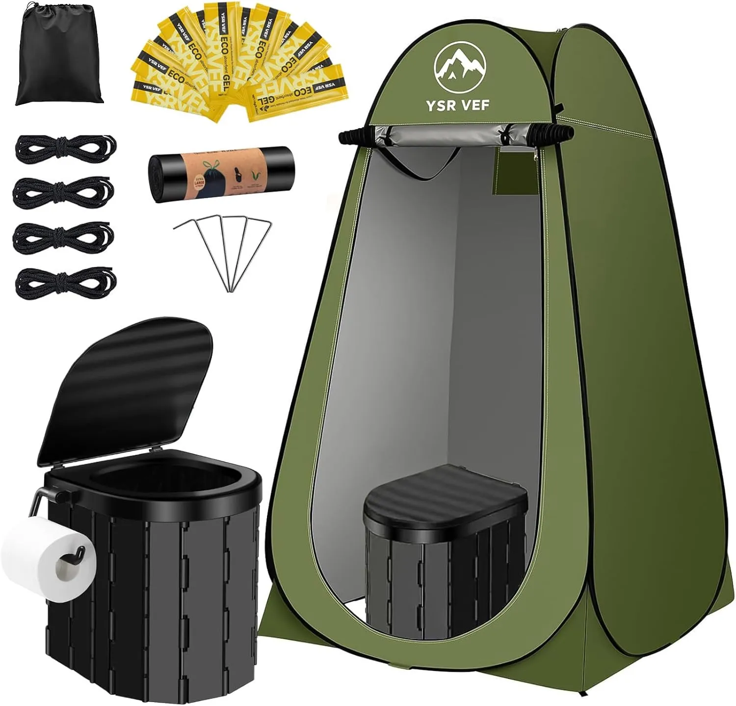 Portable Camping Toilet Kit with Pop-Up Privacy Tent, Washable Outdoor Shower and Changing Room, Includes Toilet Bags, Poo Gel, and Camping Lantern