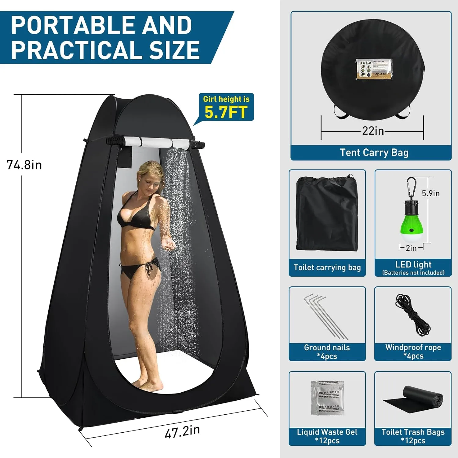 Portable Camping Toilet with Pop-Up Privacy Tent, 12-inch Toilet Seat, Outdoor Portable Folding Toilet Potty for Adults Load Capacity of 400 Lbs, LED-Light Camping Bathroom