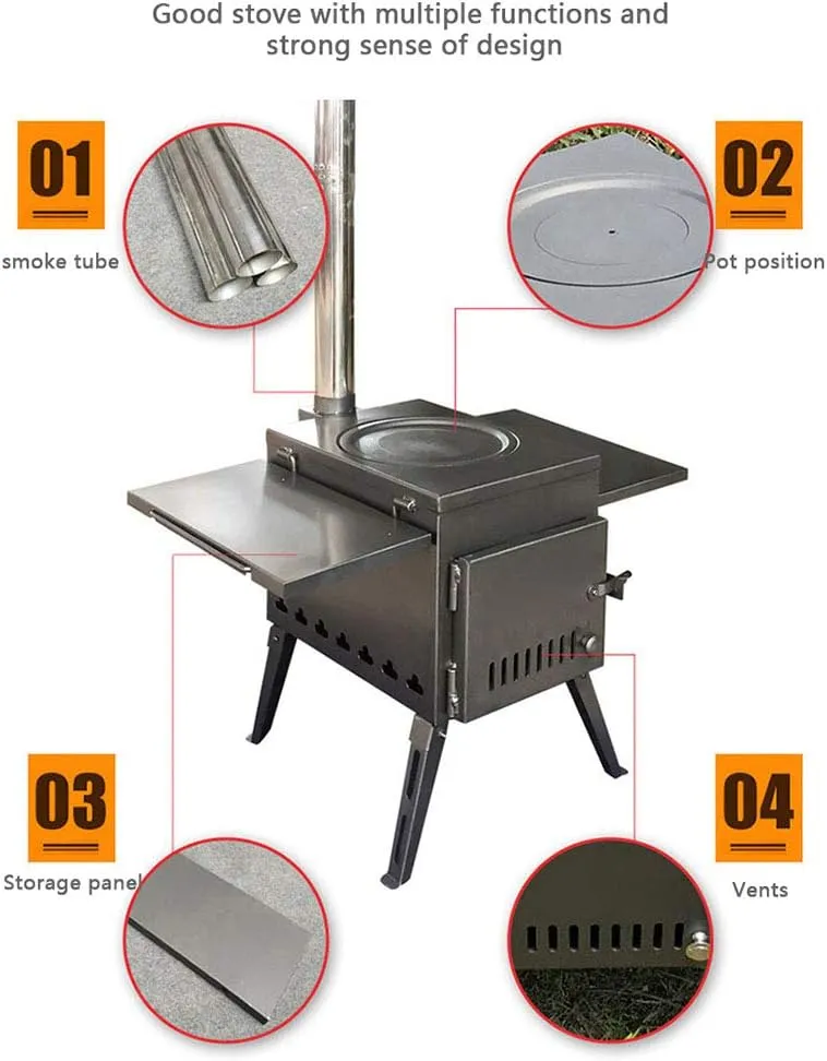 Portable Foldable Camping Stove Windproof Wood Burning Stove, Compact Tent Heating Stove with Pipes Outdoor Backpacking Stove Efficient Burning Heater Solidified Alcohol Stove