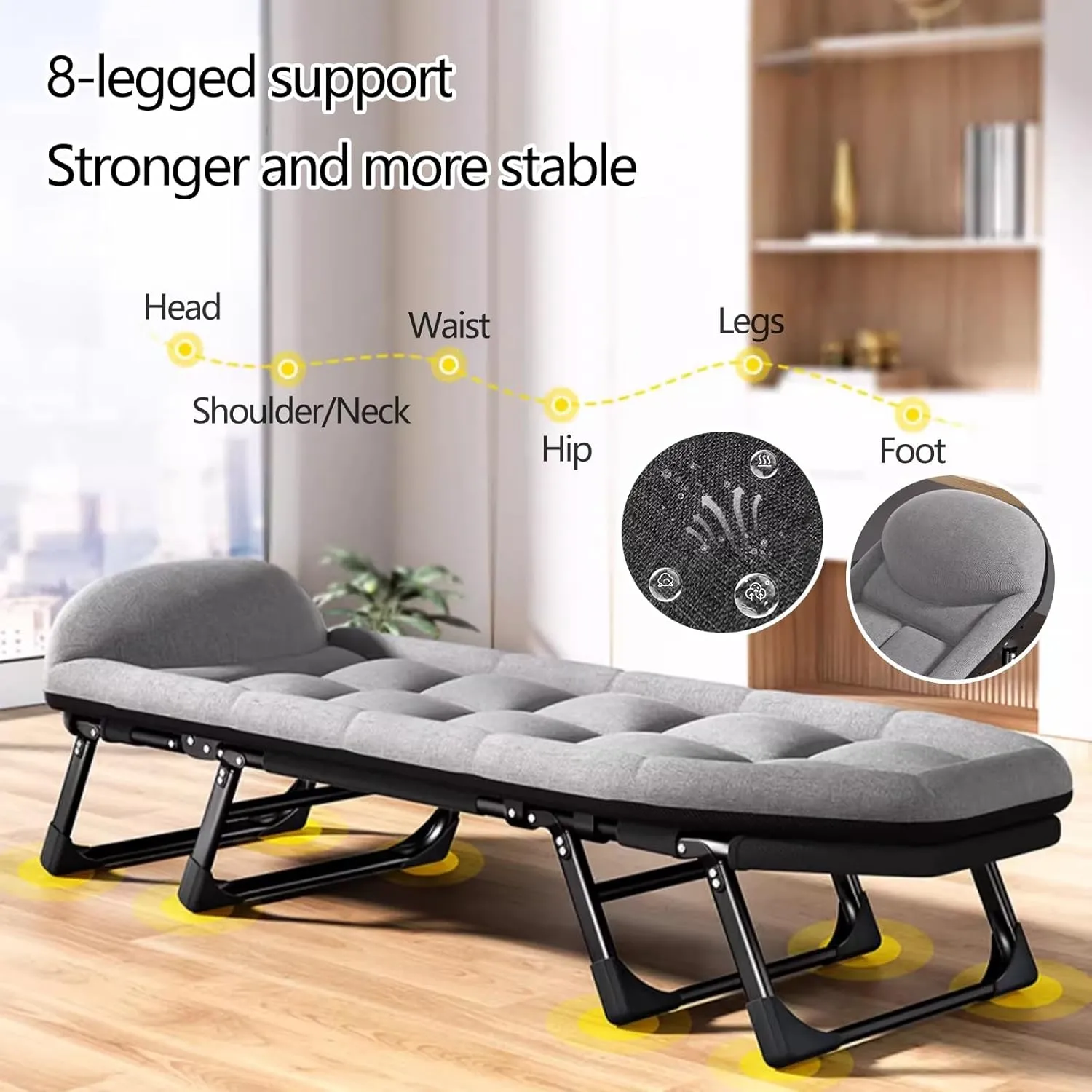 Portable Folding Bed for Adults Camping Cot for Adults 6 Position Adjustable Backrest, Supports 250kg Perfect for Camping Pool Beach Patio(6 Legs/8 Legs)(180 * 60 * 40cm)