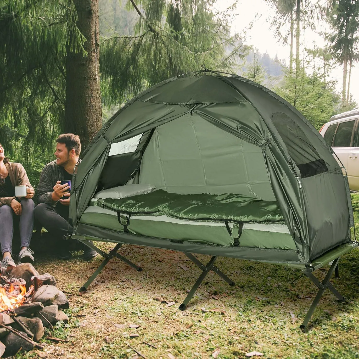 Portable Folding Camping Cot for Adults with Tent - 76" Single Elevated Camp Bed Includes Air Mattress, Sleeping Bag & Foot Pump, Compact & Lightweight for Hiking, Backpacking(76x32)