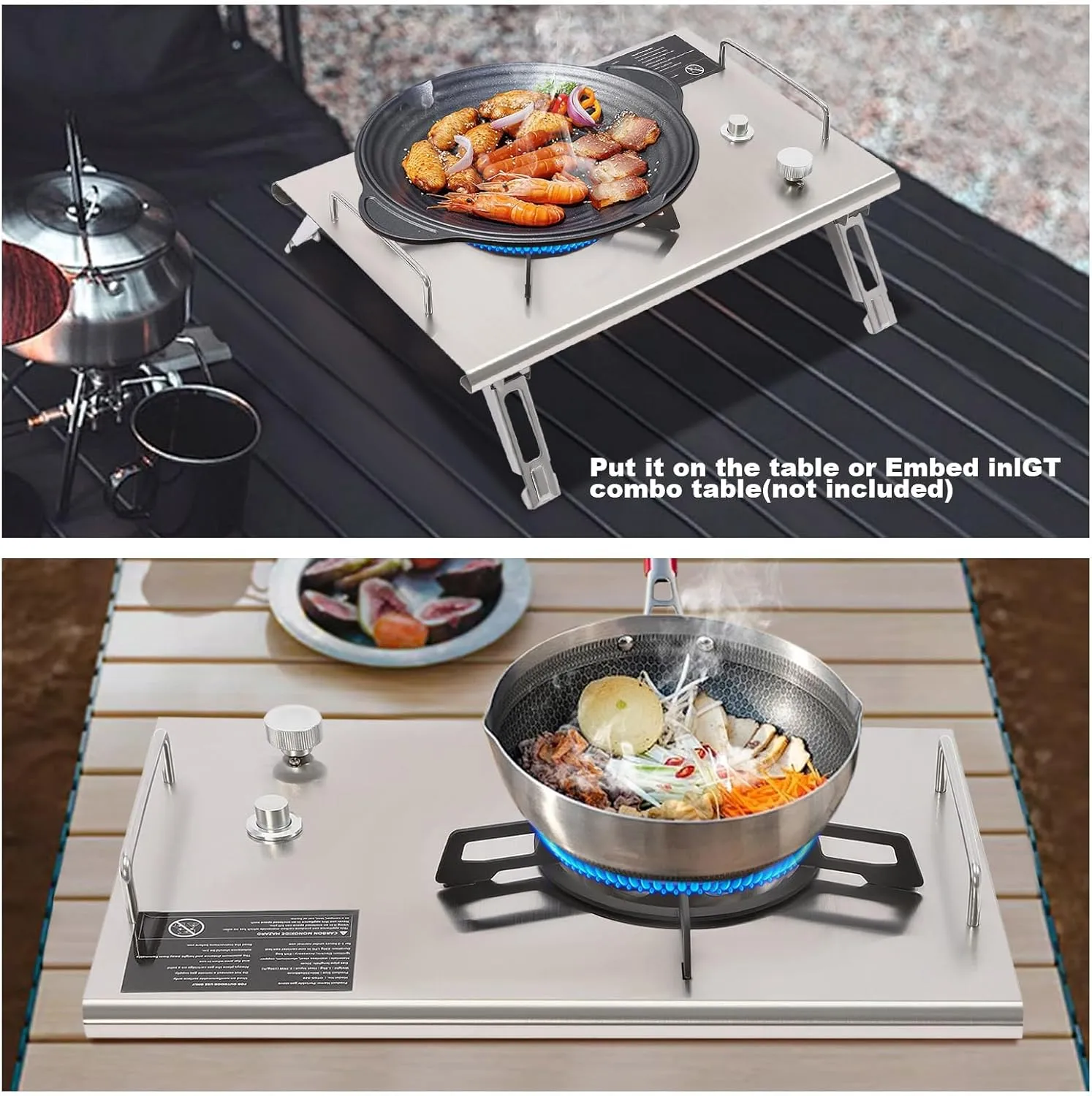 Portable Folding Camping Gas Stove, Desktop Embed Single-Burner Propane Stove with Foldable Stand, Carrying Bag, Electronic Ignition for Outdoor Hiking Camping BBQ (Silver)