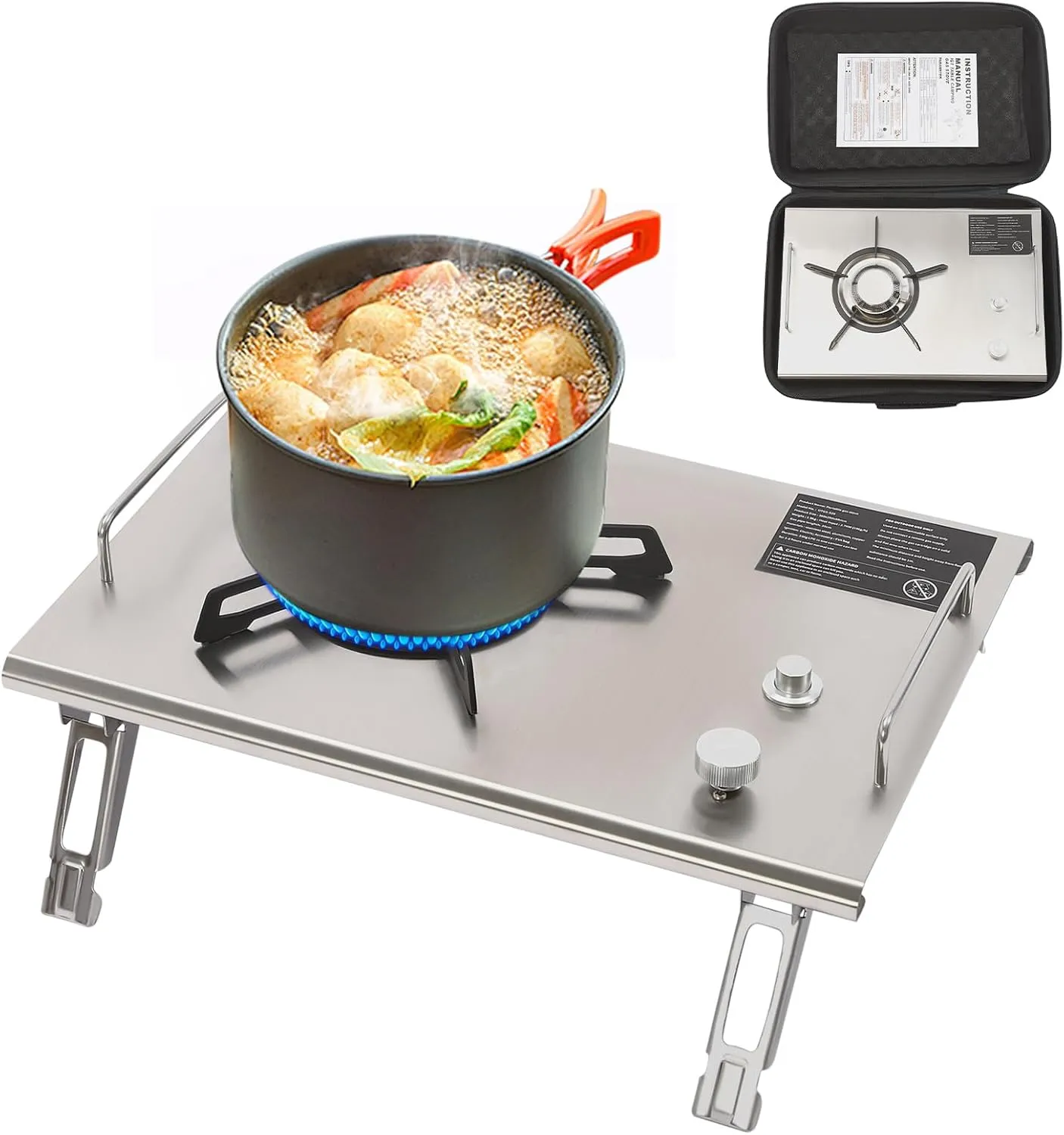 Portable Folding Camping Gas Stove, Desktop Embed Single-Burner Propane Stove with Foldable Stand, Carrying Bag, Electronic Ignition for Outdoor Hiking Camping BBQ (Silver)