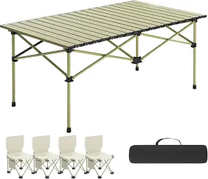 Portable Folding Camping Tables and Chair, Carbon Steel Beach Table with Carry Bag, Camping Essentials for Outdoor Picnic, Camp, Travel (Color : Beige 4 Chairs, Size : 37.4x22.4x19.6in)