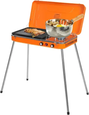 Portable Gas Grill/Camping Stove, 5860BTU x 2 Dual Burner Camping Stove with Detachable Legs, Wind Guards, Outdoor 2-in-1 Camping Grill/Stove for Picnic, Backyard, Travel