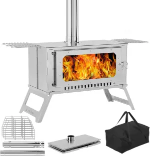 Portable Hot Tent Stove,Wood Burning Stove for Camping, Tent Stove With View Glass, Large Stainless Steel Camping Stove With 5 Chimney Pipes and 3 Shelfs for Outdoor Heating and Cooking