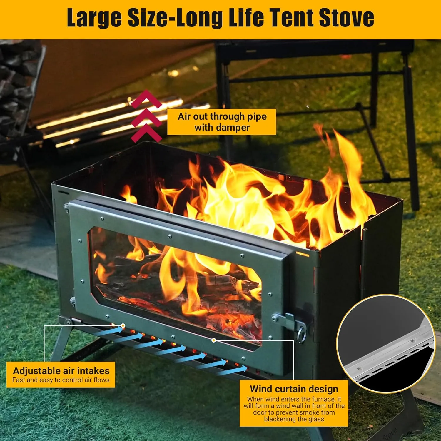 Portable Hot Tent Stove,Wood Burning Stove for Camping, Tent Stove With View Glass, Large Stainless Steel Camping Stove With 5 Chimney Pipes for Outdoor Heating and Cooking