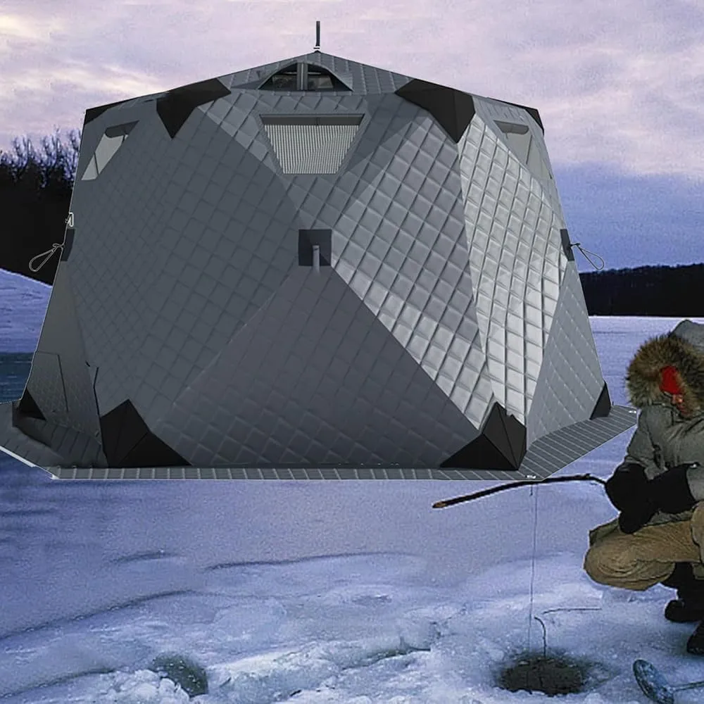 Portable Ice Fishing Tent 420D Insulated Layer Ice Shanty Hexagon Ice Huts Ice Fishing Shelter with Stove Jack and Floor(Color:Gray)