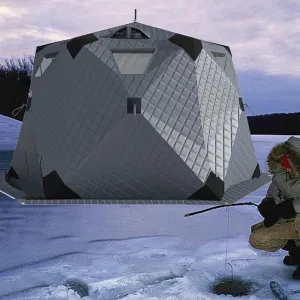 Portable Ice Fishing Tent 420D Insulated Layer Ice Shanty Hexagon Ice Huts Ice Fishing Shelter with Stove Jack and Floor(Color:Gray)