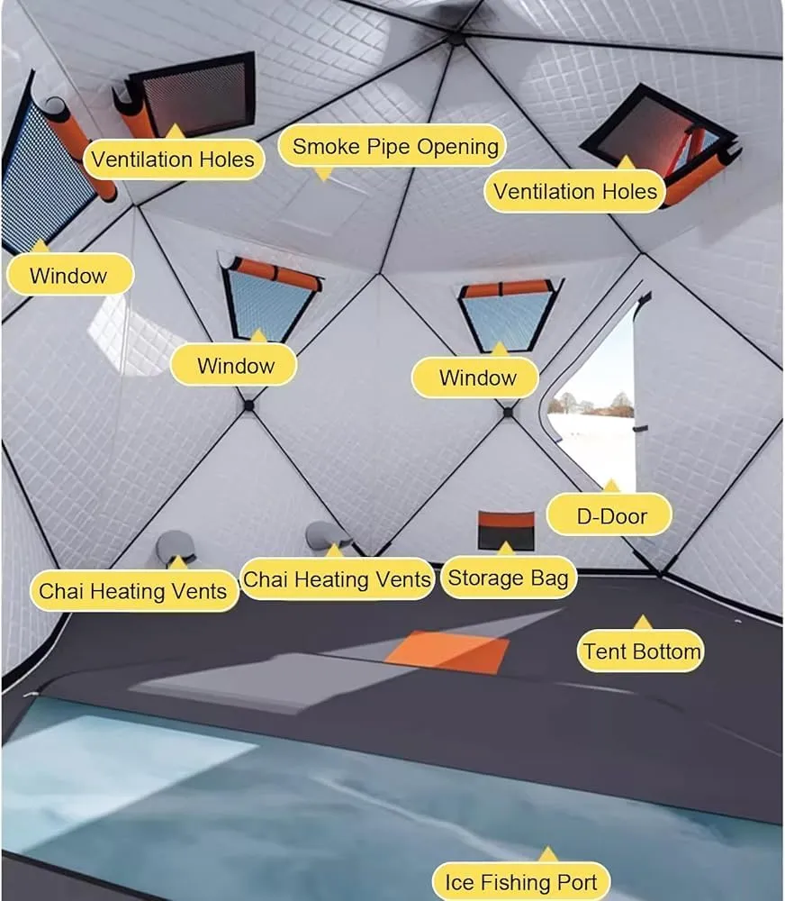 Portable Ice Fishing Tent 420D Insulated Layer Ice Shanty Hexagon Ice Huts Ice Fishing Shelter with Stove Jack and Floor(Color:Gray)