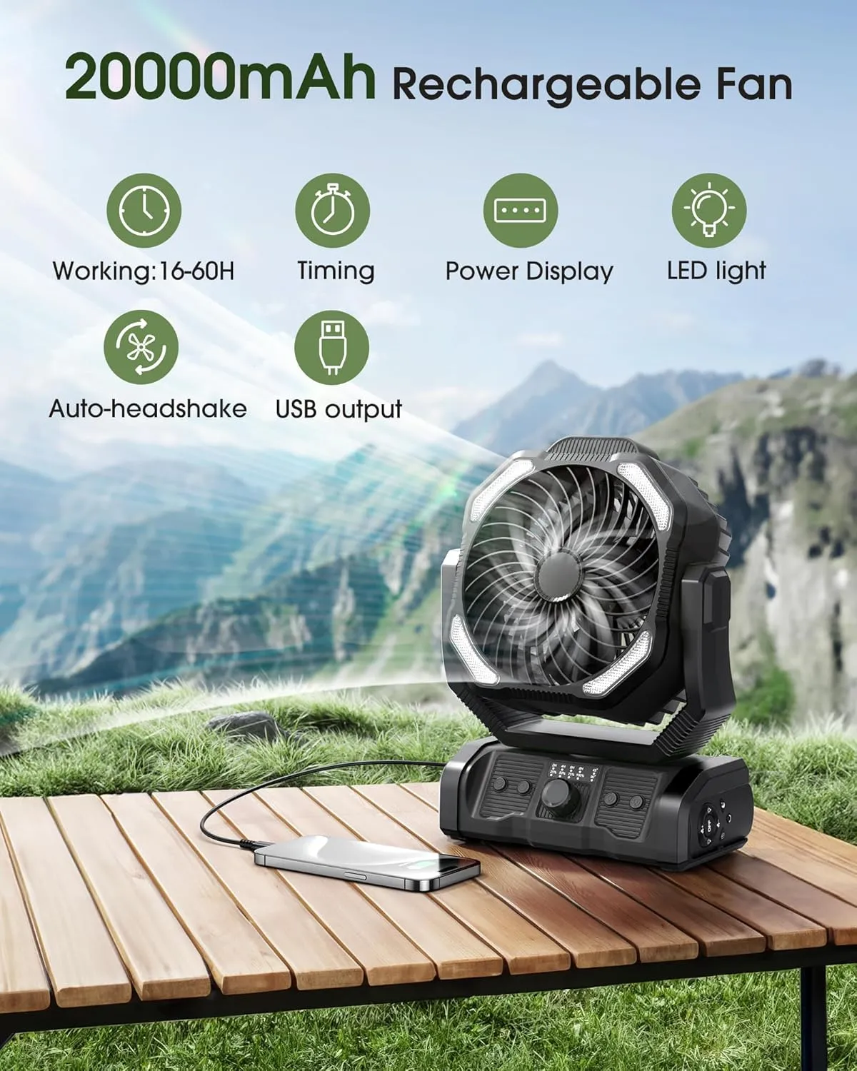 Portable Rechargeable Camping Fan - 20000mAh Cordless Battery Powered Tent Fans with LED Lantern, Remote Auto Oscillating USB C Operated Table Ventilador for Travel Picnic Barbecue Outdoor