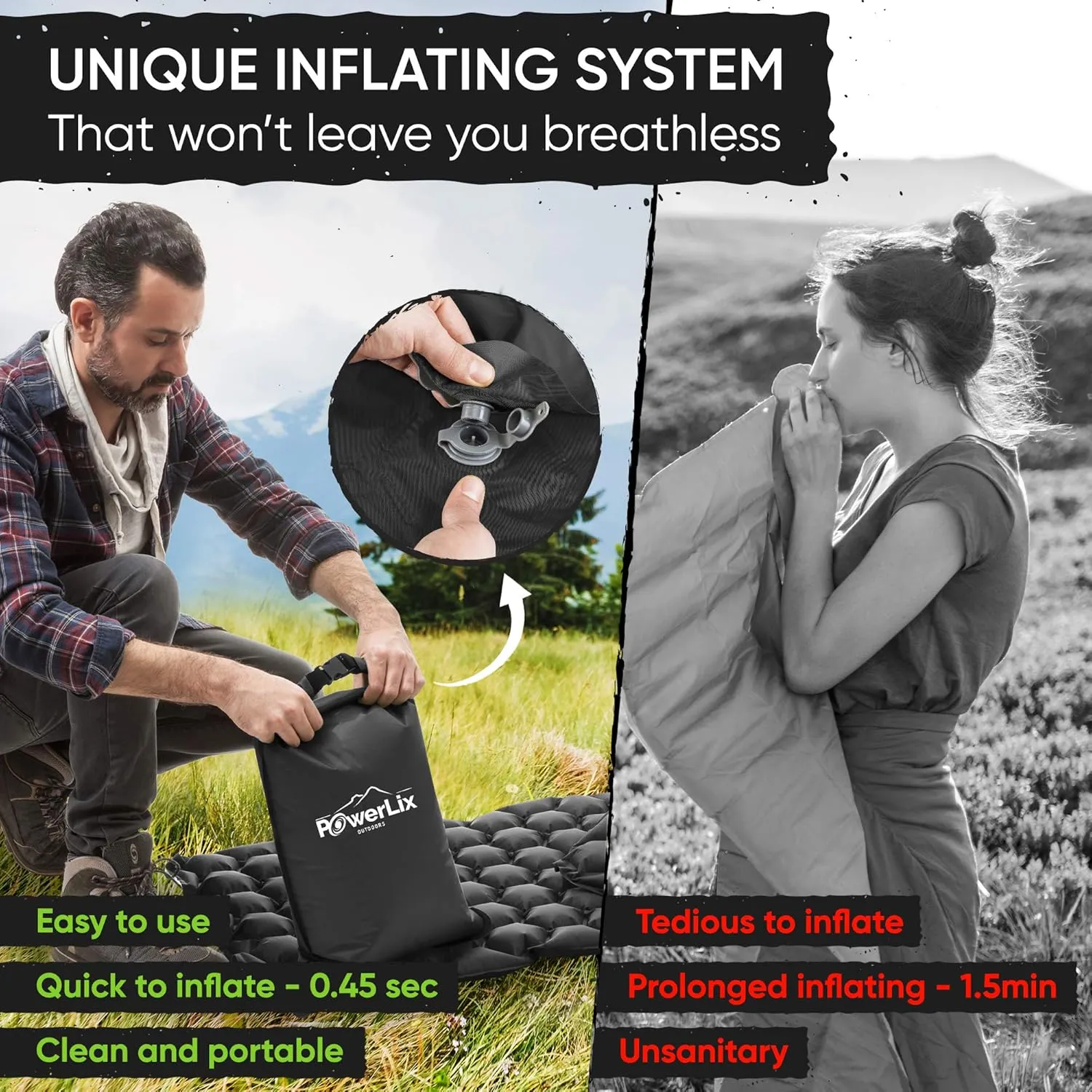 POWERLIX Ultralight Sleeping Pad for Camping with Inflating Bag– Compact Lightweight Camping Mat, Outdoor Backpacking Hiking Traveling Airpad Camping Air Mattress Sleeping Mat