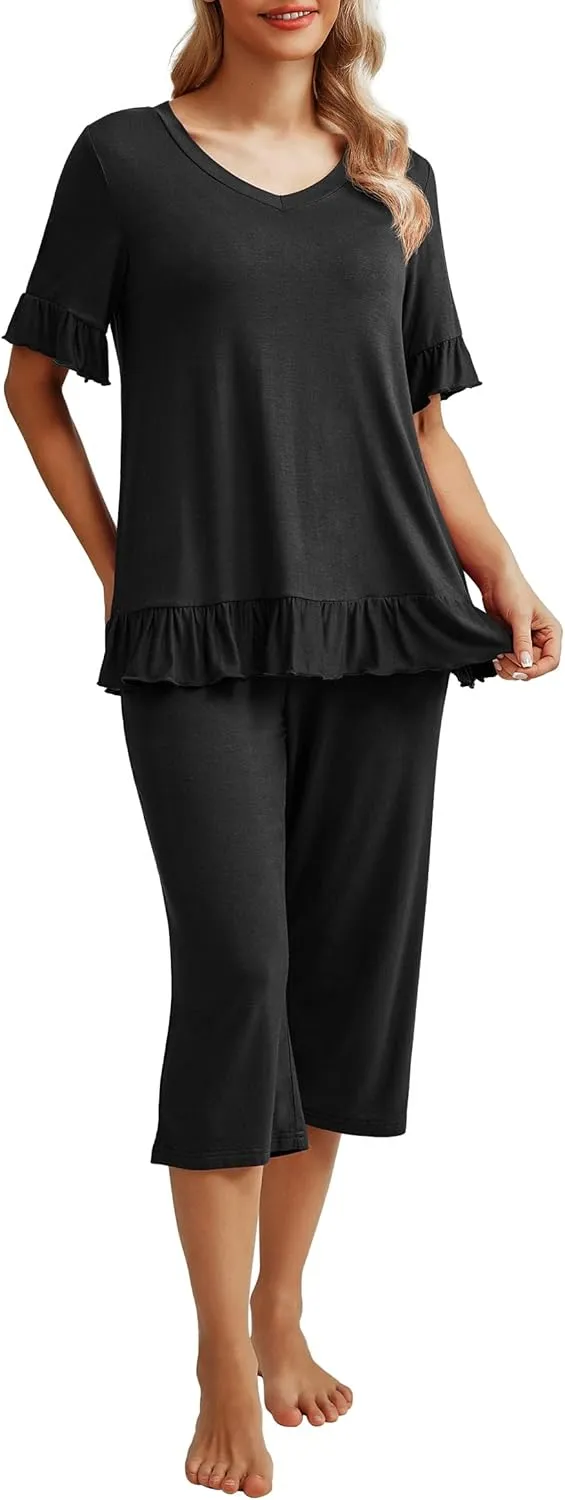 PrinStory Womens Pajama Set Short Sleeve Shirt and Capri Pants Sleepwear Pjs Set with Pockets