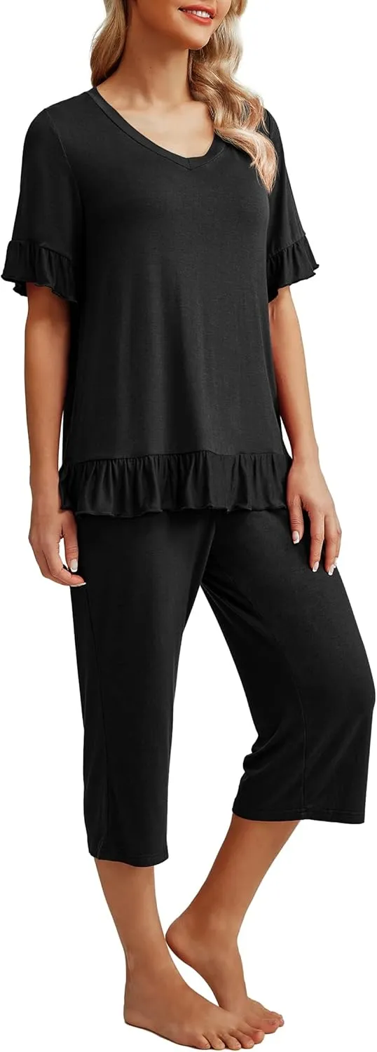 PrinStory Womens Pajama Set Short Sleeve Shirt and Capri Pants Sleepwear Pjs Set with Pockets
