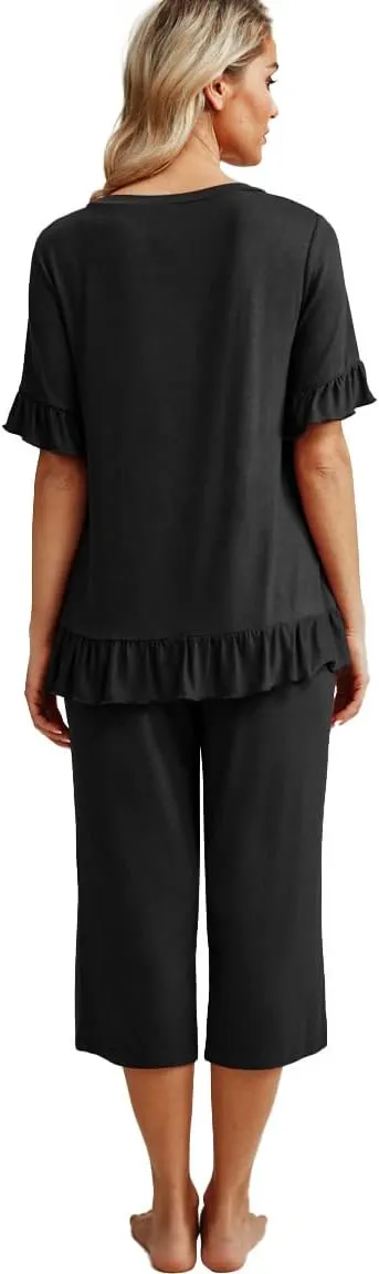 PrinStory Womens Pajama Set Short Sleeve Shirt and Capri Pants Sleepwear Pjs Set with Pockets