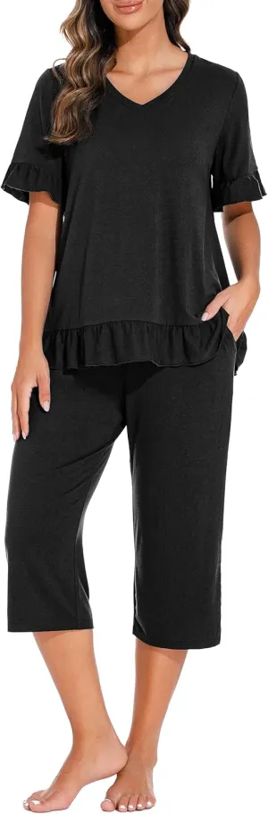 PrinStory Womens Pajama Set Short Sleeve Shirt and Capri Pants Sleepwear Pjs Set with Pockets