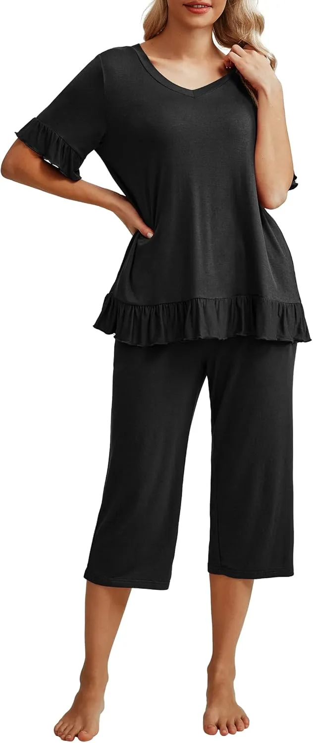 PrinStory Womens Pajama Set Short Sleeve Shirt and Capri Pants Sleepwear Pjs Set with Pockets