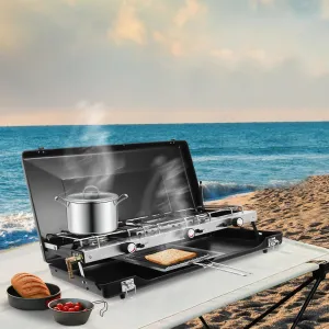Propane Camping Stove, 3 Burner Foldable Propane Butane Outdoor Stove, Portable Camp Grill with Tray Backyard Camping Picnic BBQ Camping Stove