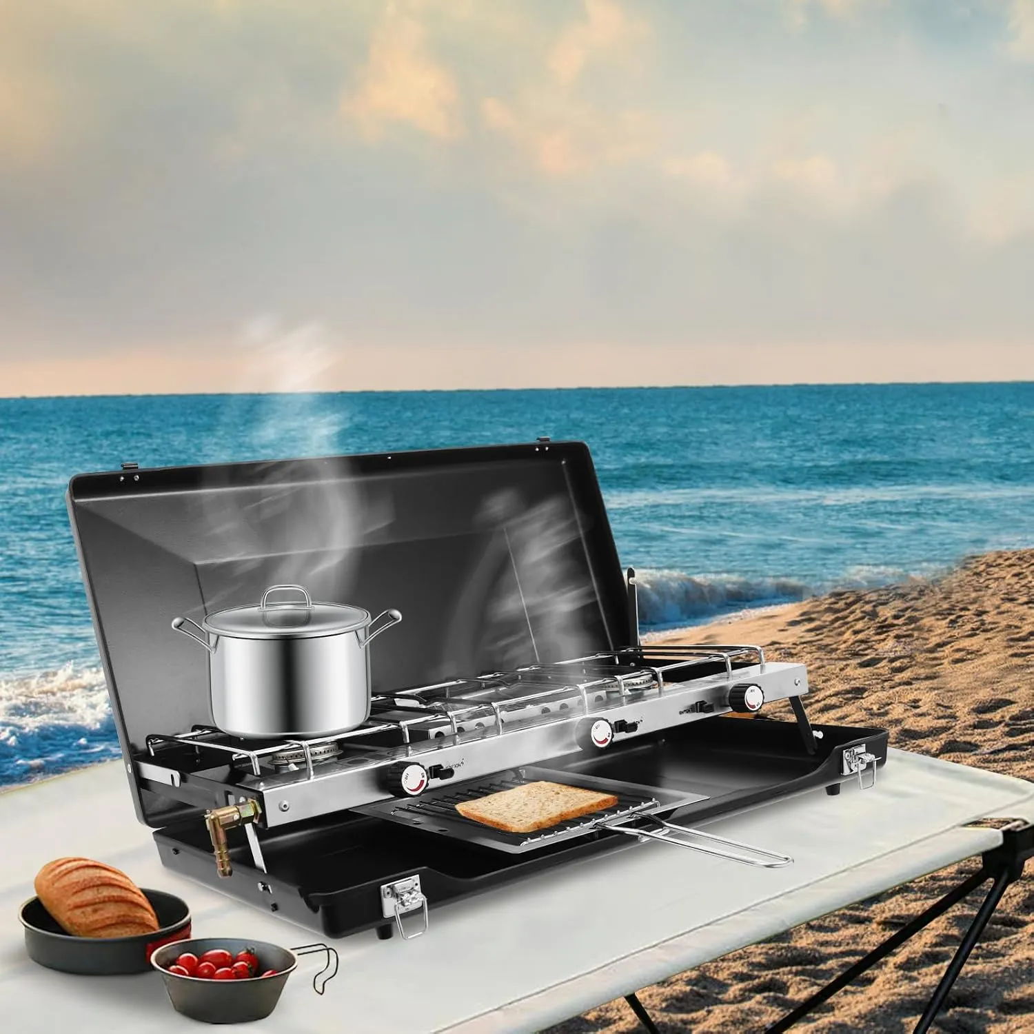 Propane Camping Stove, 3 Burner Foldable Propane Butane Outdoor Stove, Portable Camp Grill with Tray Backyard Camping Picnic BBQ Camping Stove