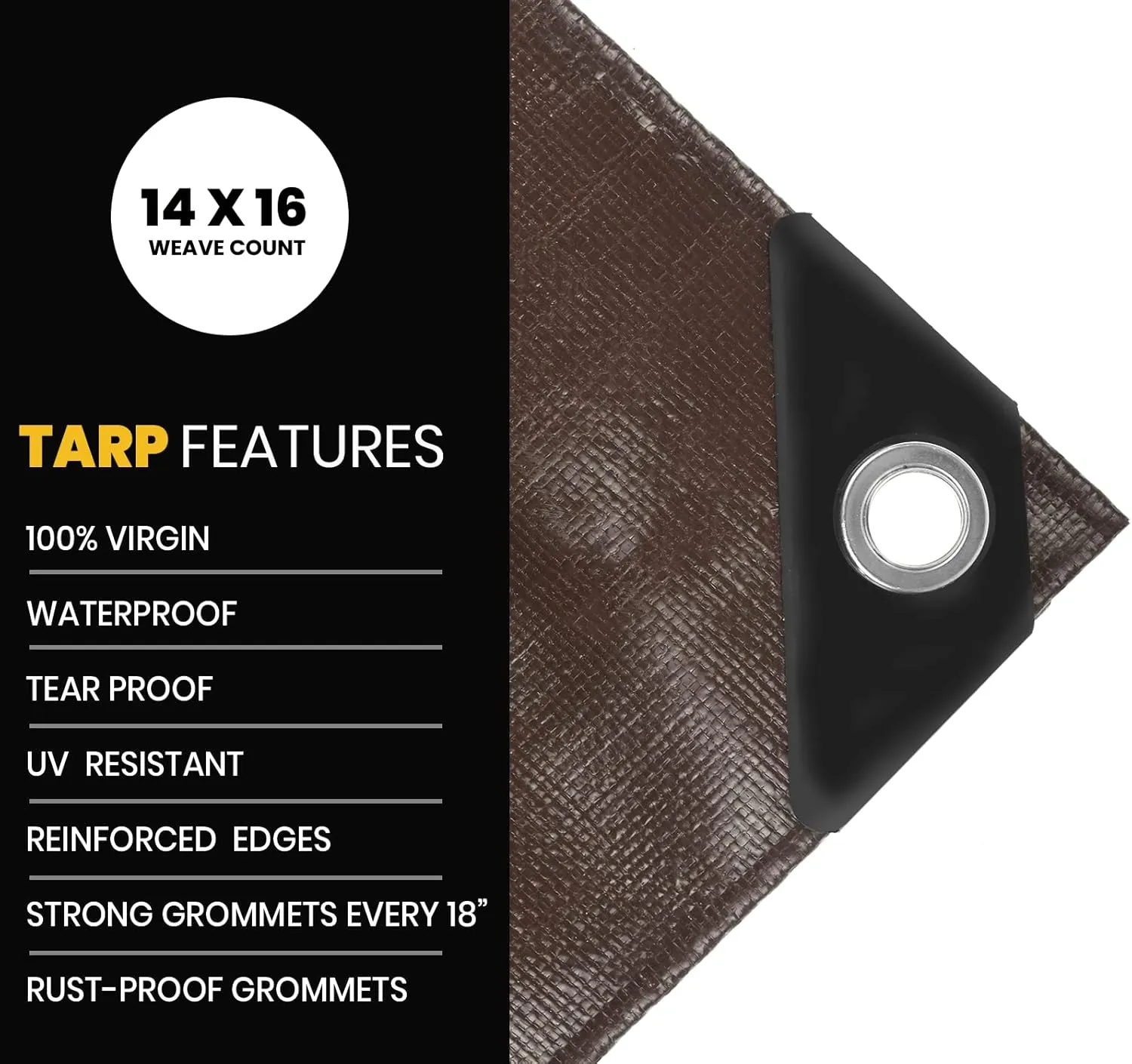PROTARP Extra Heavy Duty 16 Mil Tarp Cover, Waterproof, UV Resistant, Rip and Tear Proof, Poly Tarpaulin with Reinforced Edges for Roof, Camping, Patio, Pool, Boat. (Brown/Black 12′ X 16′)