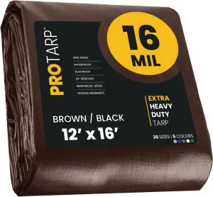 PROTARP Extra Heavy Duty 16 Mil Tarp Cover, Waterproof, UV Resistant, Rip and Tear Proof, Poly Tarpaulin with Reinforced Edges for Roof, Camping, Patio, Pool, Boat. (Brown/Black 12′ X 16′)
