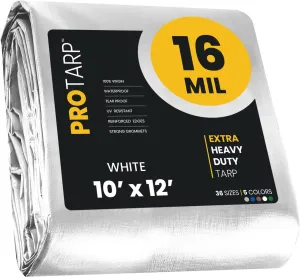 PROTARP Extra Heavy Duty 16 Mil Tarp Cover, Waterproof, UV Resistant, Rip and Tear Proof, Poly Tarpaulin with Reinforced Edges for Roof, Camping, Patio, Pool, Boat. (White 10′ X 12′)