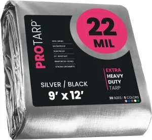 PROTARP Extreme Heavy Duty 22 Mil Tarp Cover, Waterproof, UV Resistant, Rip and Tear Proof, Poly Tarpaulin with Reinforced Edges for Roof, Camping, Patio, Pool, Boat. (Silver/Black 9′ X 12′)