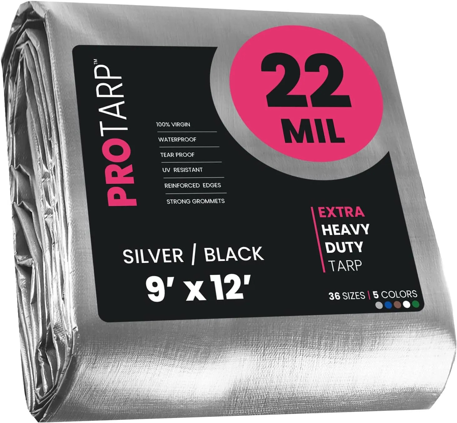 PROTARP Extreme Heavy Duty 22 Mil Tarp Cover, Waterproof, UV Resistant, Rip and Tear Proof, Poly Tarpaulin with Reinforced Edges for Roof, Camping, Patio, Pool, Boat. (Silver/Black 9′ X 12′)