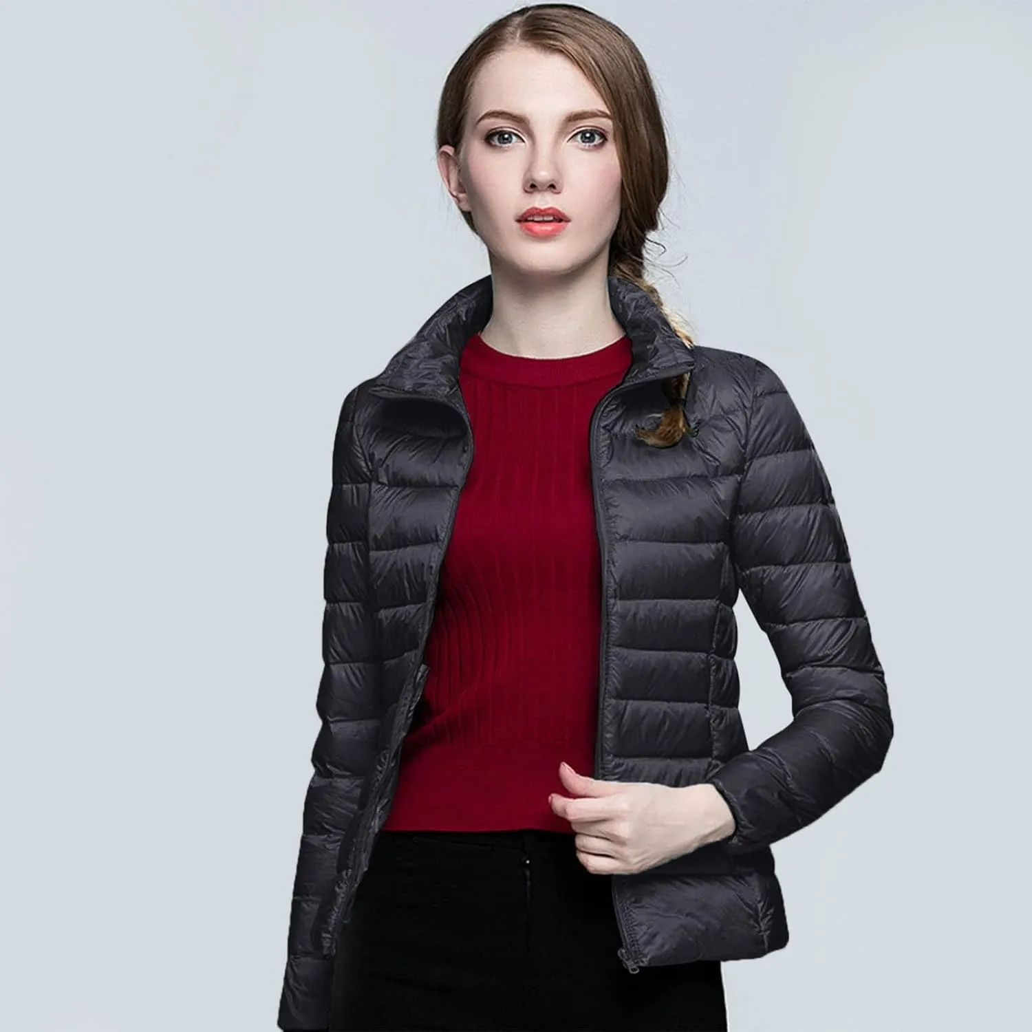 Puffer Jacket Women Lightweight Down Jackets Casual Feather Packable Solid Color Puffer Coats With Storage Bag Winter