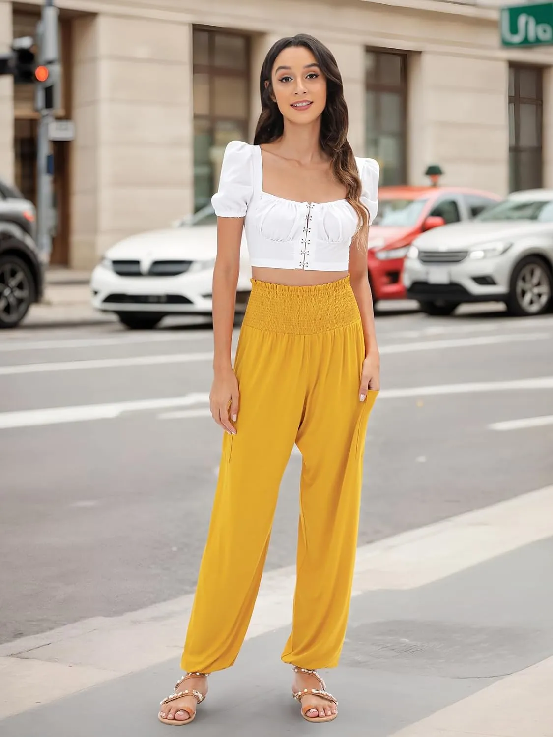 QIANXIZHAN Women's Harem Pants, High Waist Yoga Boho Trousers with Pockets