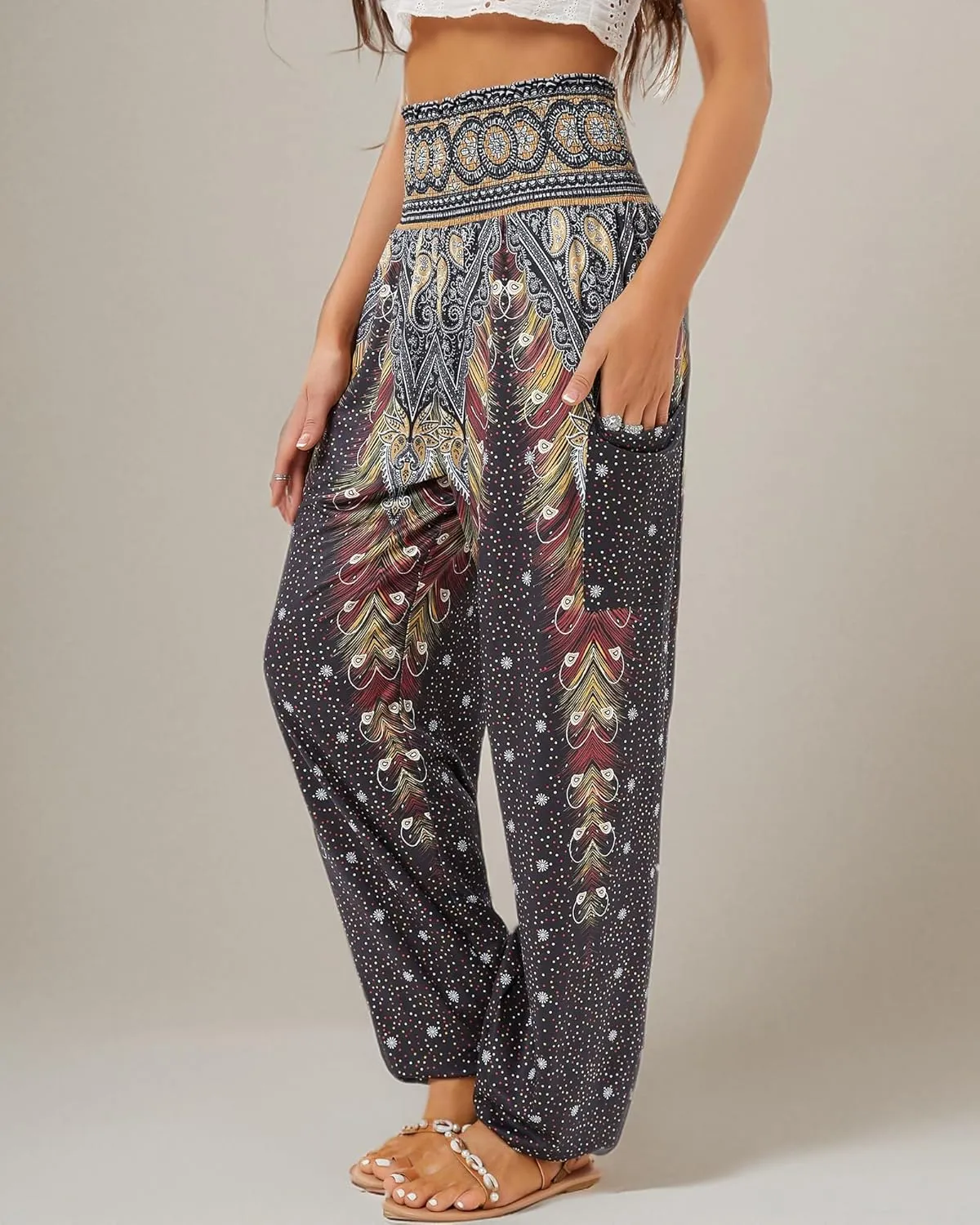 QIANXIZHAN Women's Harem Pants, High Waist Yoga Boho Trousers with Pockets