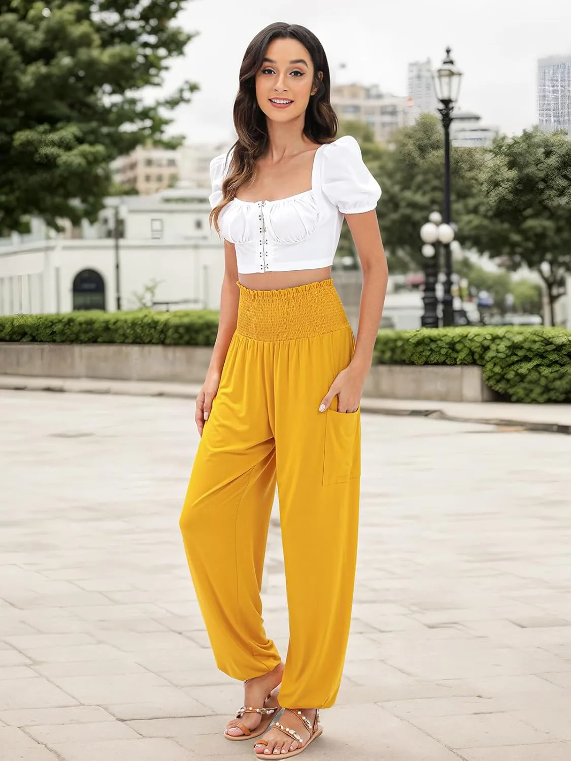 QIANXIZHAN Women's Harem Pants, High Waist Yoga Boho Trousers with Pockets