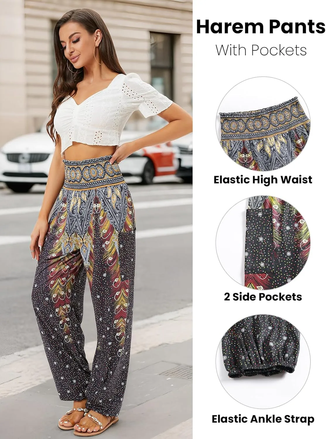 QIANXIZHAN Women's Harem Pants, High Waist Yoga Boho Trousers with Pockets