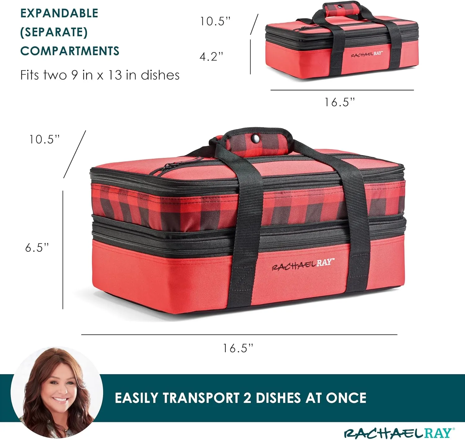 Rachael Ray Expandable Insulated Casserole Carrier for Hot or Cold Food, Thermal Lasagna Lugger Tote for Potluck, Parties, Picnic, and Cookouts, Fits 9" x 13" Baking Dish